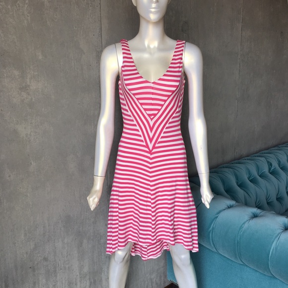 Bebe High Low Stripe Dress, Pink/White, XS - Picture 1 of 5